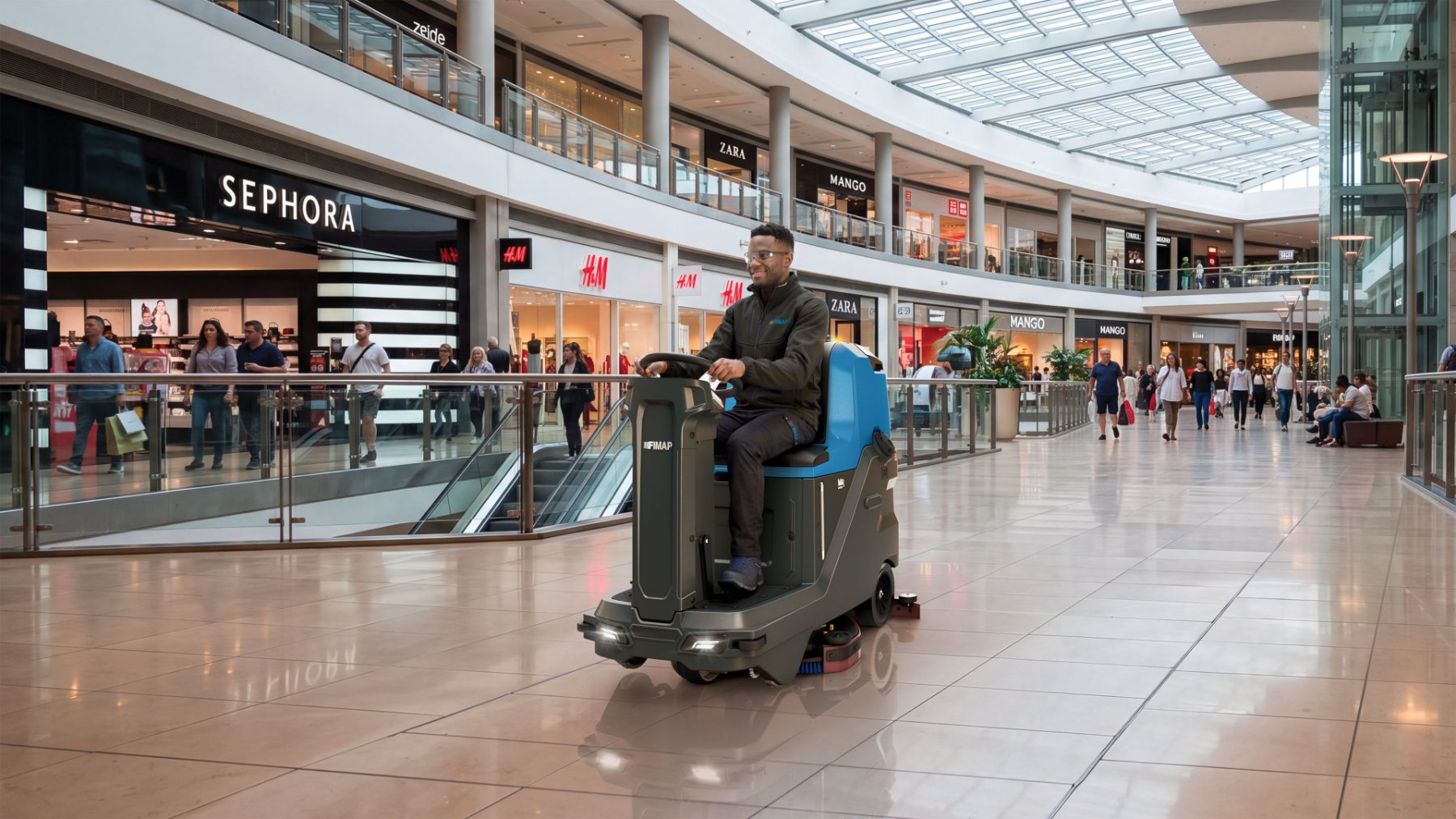 Ride-on scrubber working a shopping centre floor during trading hours