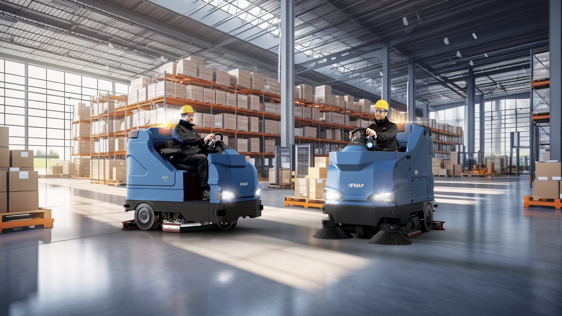 Two ride-on machines working a warehouse floor