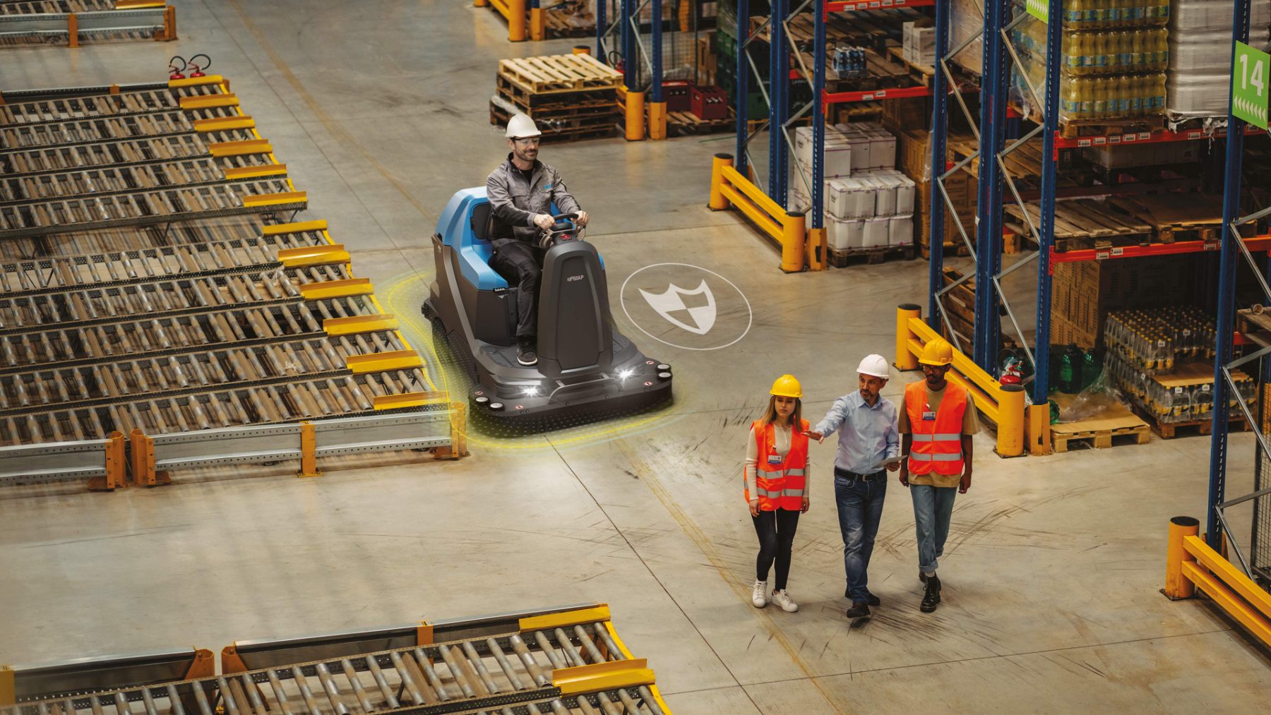 Operator sweeping a distribution centre floor with a pedestrian safety zone projected around the machine
